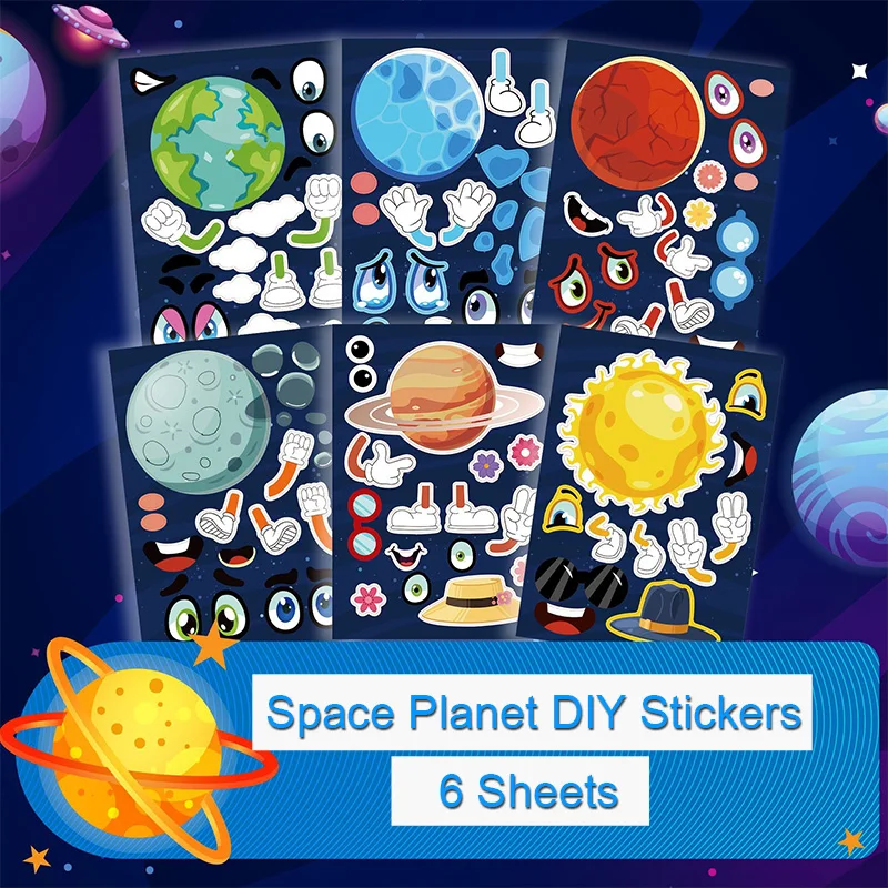 Juego de pegatinas DIY de planeta espacial para niños, rompecabezas de dibujos animados, manualidades, decoración de pegatinas faciales, 6 hojas