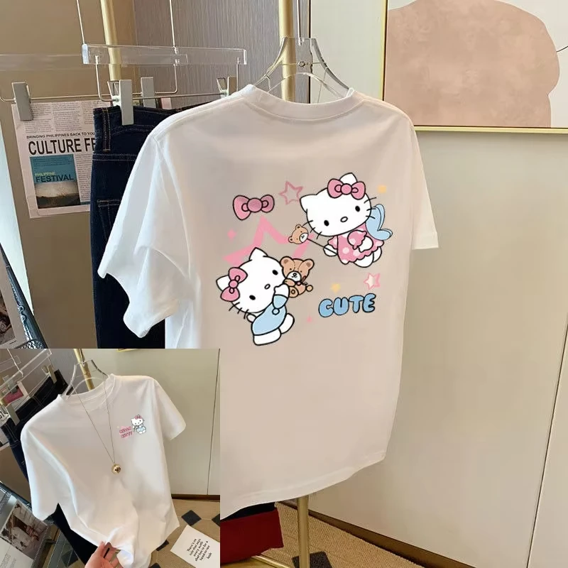 

2025 Autumn New American Cartoon Kt Cat Heavy Cotton Short-sleeved T-shirt Women's Loose Large Size Student T-top