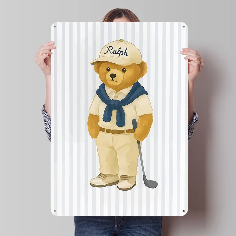 Pôster de Metal Vintage Ralph Lauren Polo Bear Golfer, Arte de Parede Personalizada, Placas de Metal Retro para Decoração de Escritório e Jogos