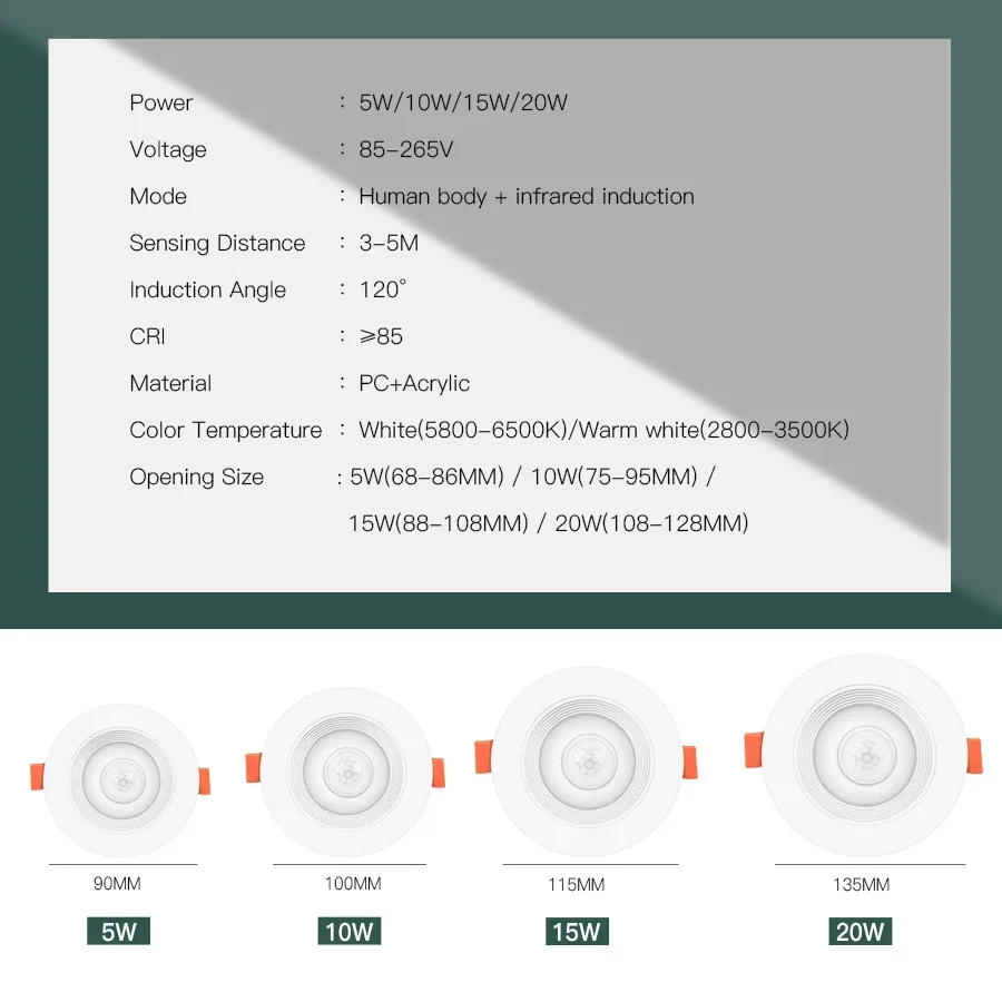 Luz descendente LED con Sensor de movimiento PIR, foco empotrable de 85-265V, 5W, 10W, 15W, 20W, para entrada, pasillo, escalera, garaje