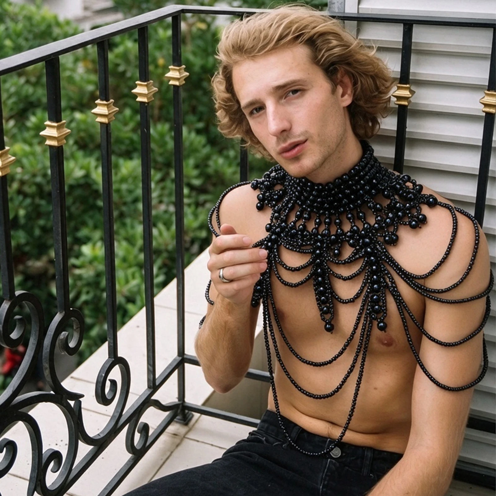 Men Body Chest Harness Accessories Bondage Sexy Imitation Pearl Chain Bohemia Punk Party Tops Decor Rave Belly Clubwear Shawl