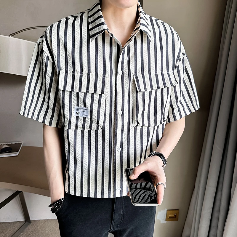 

Летняя мужская повседневная рубашка в полоску свободного кроя, модная рабочая одежда, рубашка с принтом, верхняя одежда