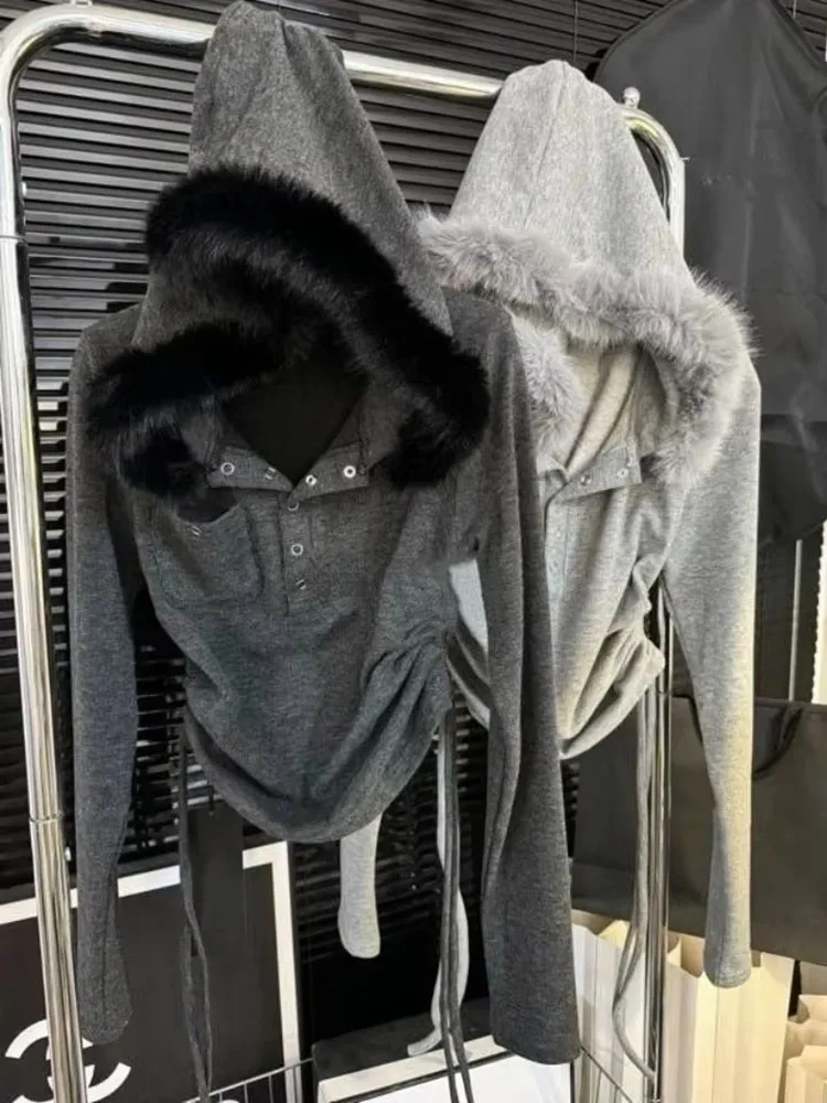 Y2k Harajuku Vintage T Shirts Hooded Fur Collar Long Sleeve Solid Draw String Crop Tops Female Slim Tees Design Women's Clothing