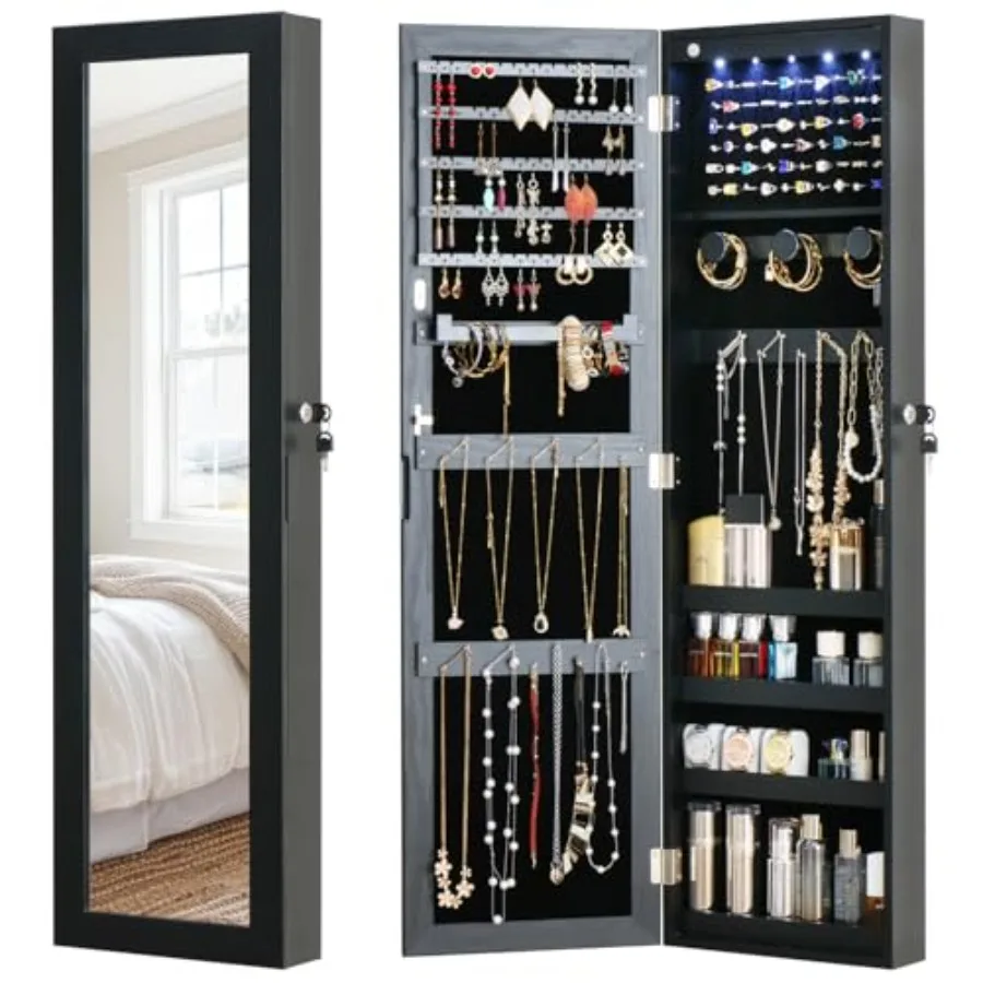 

Full Length Mirror Jewelry Cabinet Organizer Lockable Door Wall-Mounted Jewelry Armoire with Shelves and Behind the Door Storag