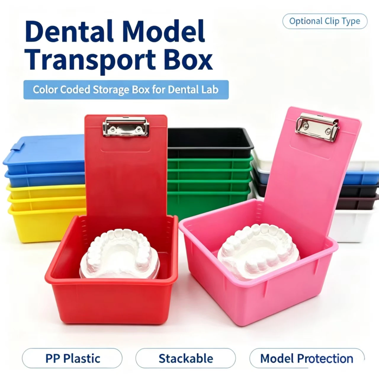10Pcs Dental Lab Work Pans with Metal Clip Holder Tools Colourful Plastic Storage Box Tray Dentistry Denture Model Transport Box