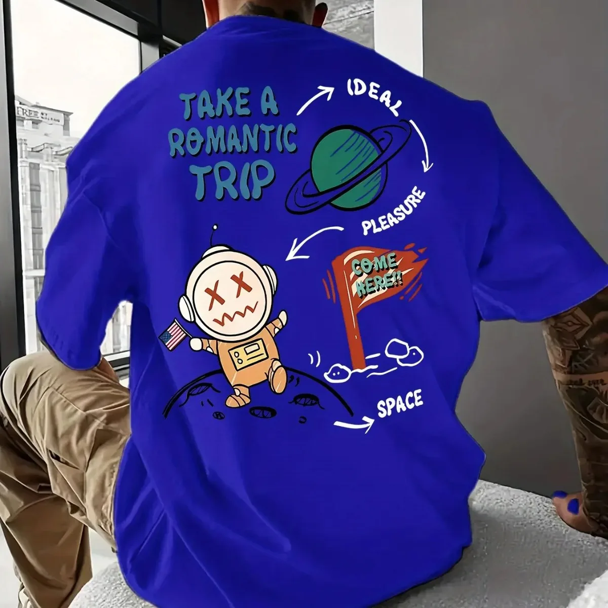 

2025 Summer Men's Fashion 100% Cotton Short Sleeve T-Shirt Romantic Space Theme Printing Casual Loose Edition