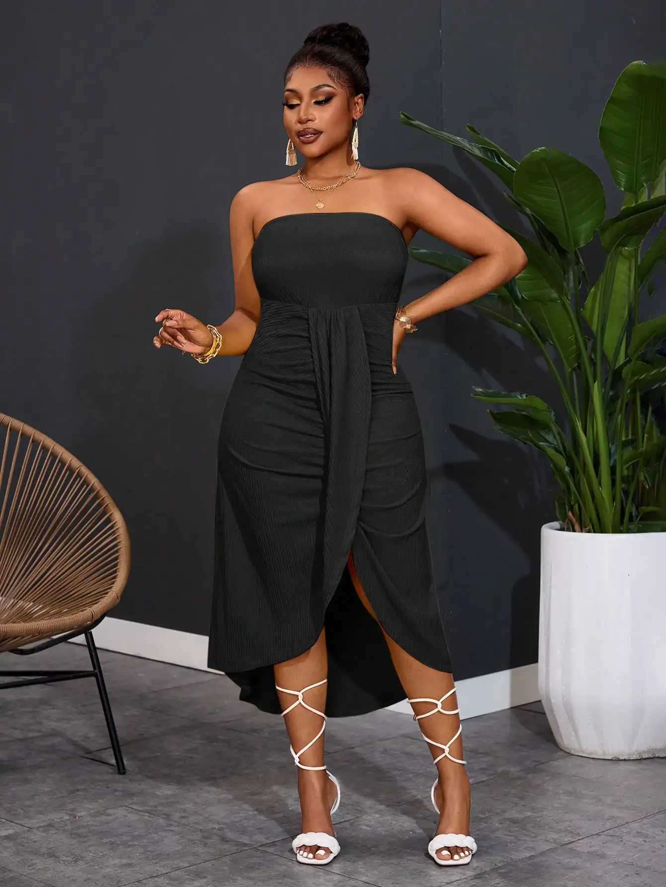 

Strapless Pleated Wrap Dress With Asymmetrical Hem Women Casual Vacation Dress