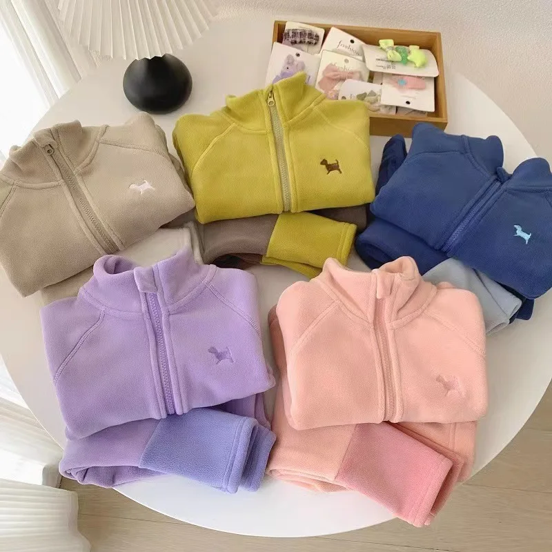 Baby fleece solid color set 2024 new autumn and winter plush warm embroidery puppy infant home two-piece set