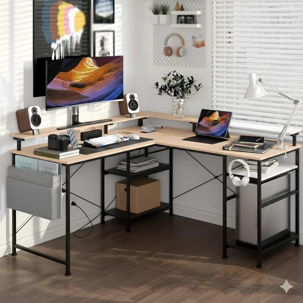 Modern 2-in-1 converteerbaar L-bureau, 140/230 cm, ergonomische monitorbladen, Power Hub, speeltafel