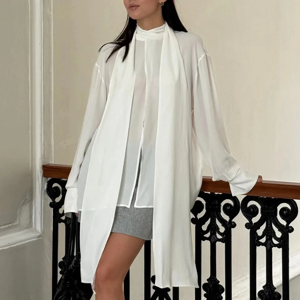 

2026 New High Neck Drape Ribbon Long Sleeve Thin Chiffon Open Front Top Pure White Women Elegant Blouse