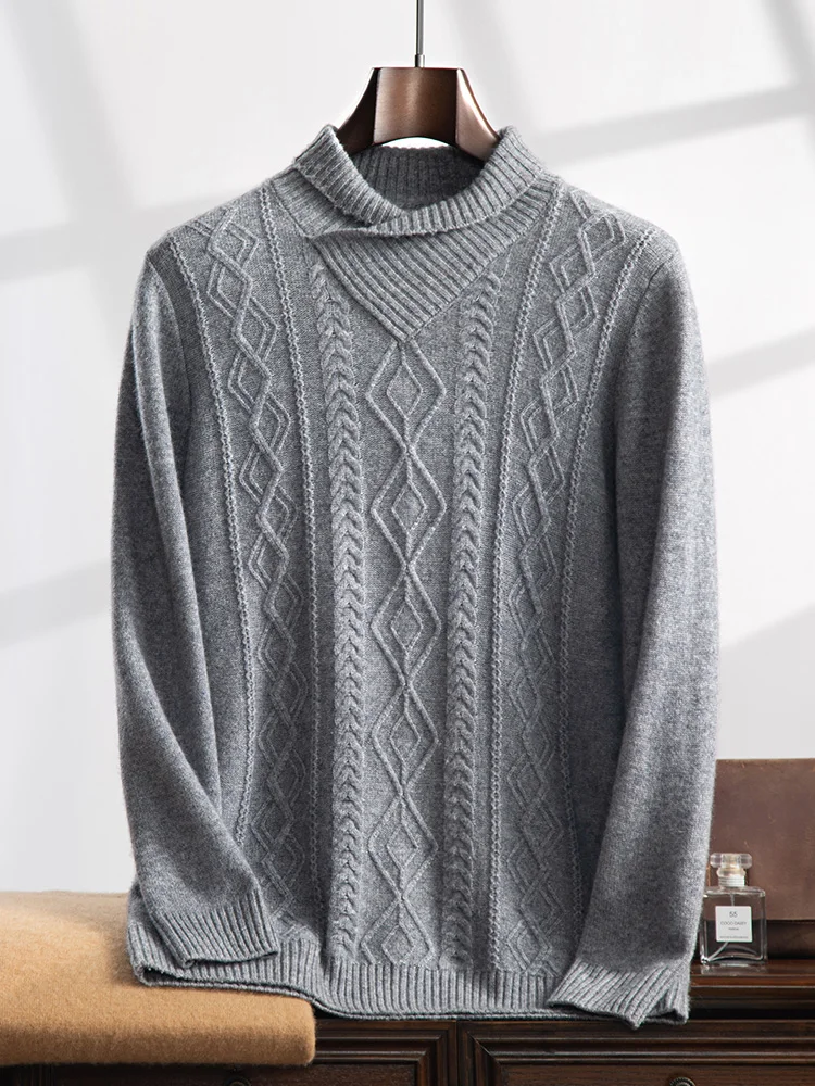 High Quality Men 100% Cashmere Sweater Thick Cable Knit Pullover Autumn Winter Cashmere Knitwear Long Sleeve Smart Casual Tops