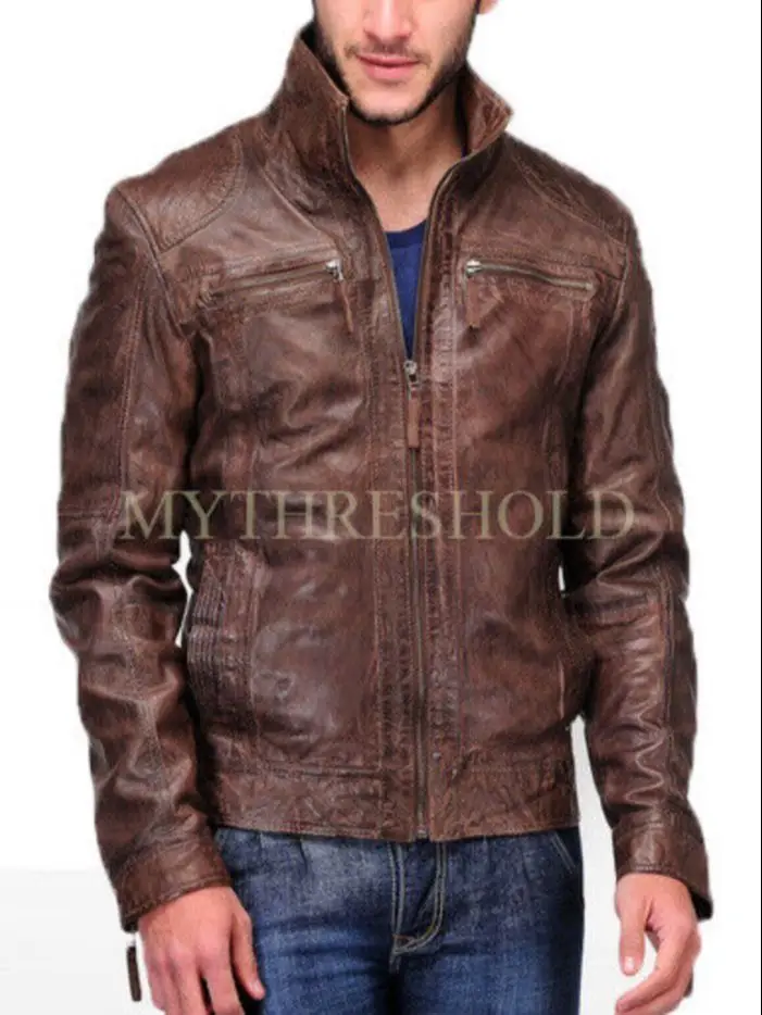 

Mens Biker Vintage Motorcycle Distressed Brown Cafe Racer Leather Jacket Men Clothing