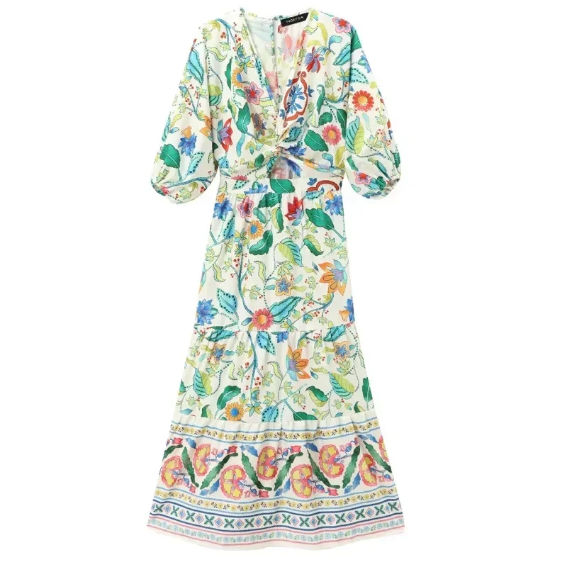 Cut Out Print Long Dress Women Boho Knot Floral Midi Dress Summer Puff Sleeve Elegant Dresses Tied Ruched Holiday Dresses