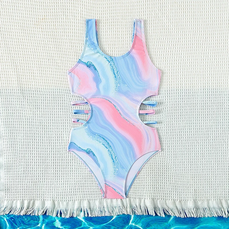 Summer Children Swimwear Sweet Tie-Dye Printed One-Piece Swimsuit Girls Teen Chic Cool Bathing Suits Beachwear Surf Trip Clothes