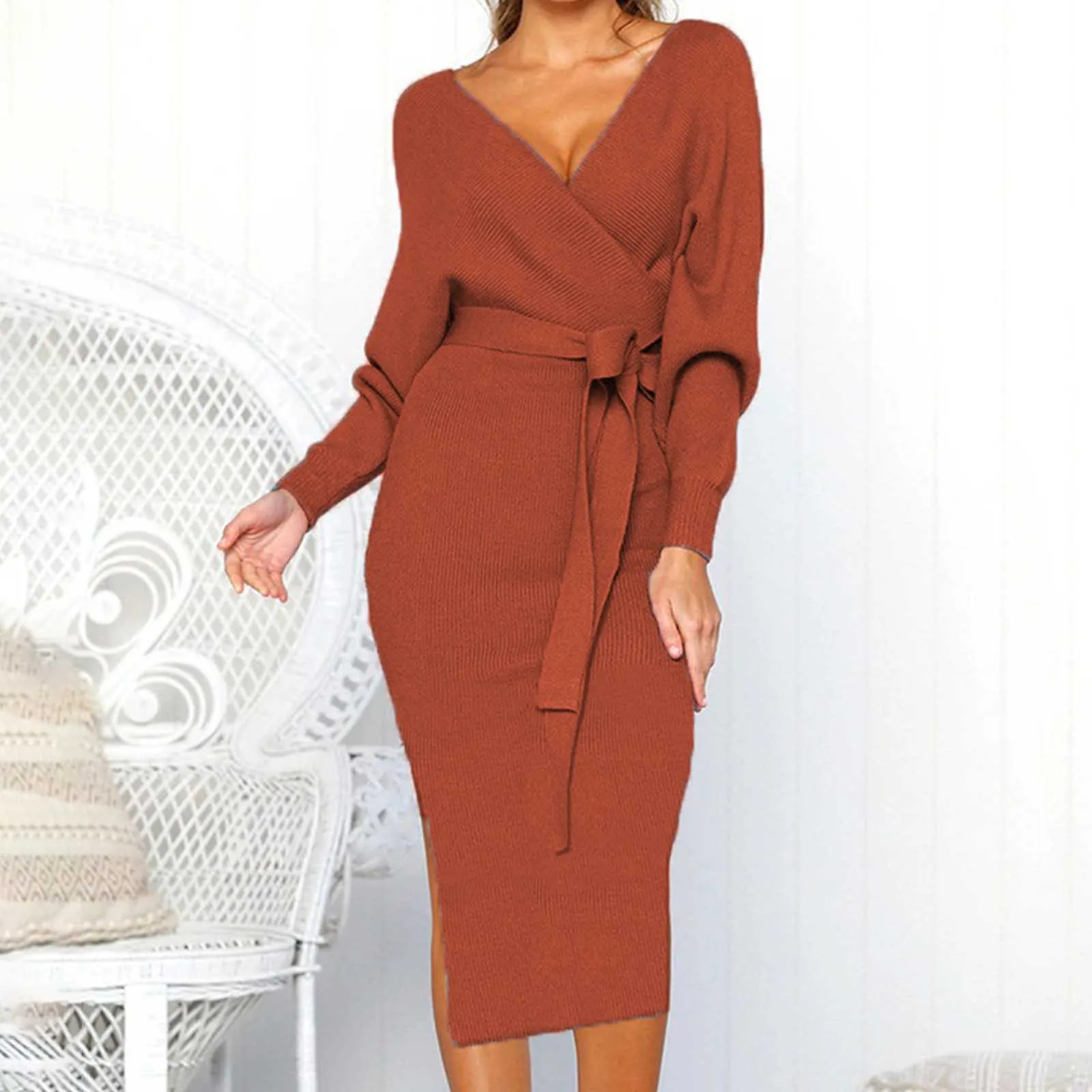 Women'S Knitted Sweater Dress Wrap Belted Tunic Midi Vestidos Long Sleeve V Neck Split Casual Autumn Winter Office Lady Dresses