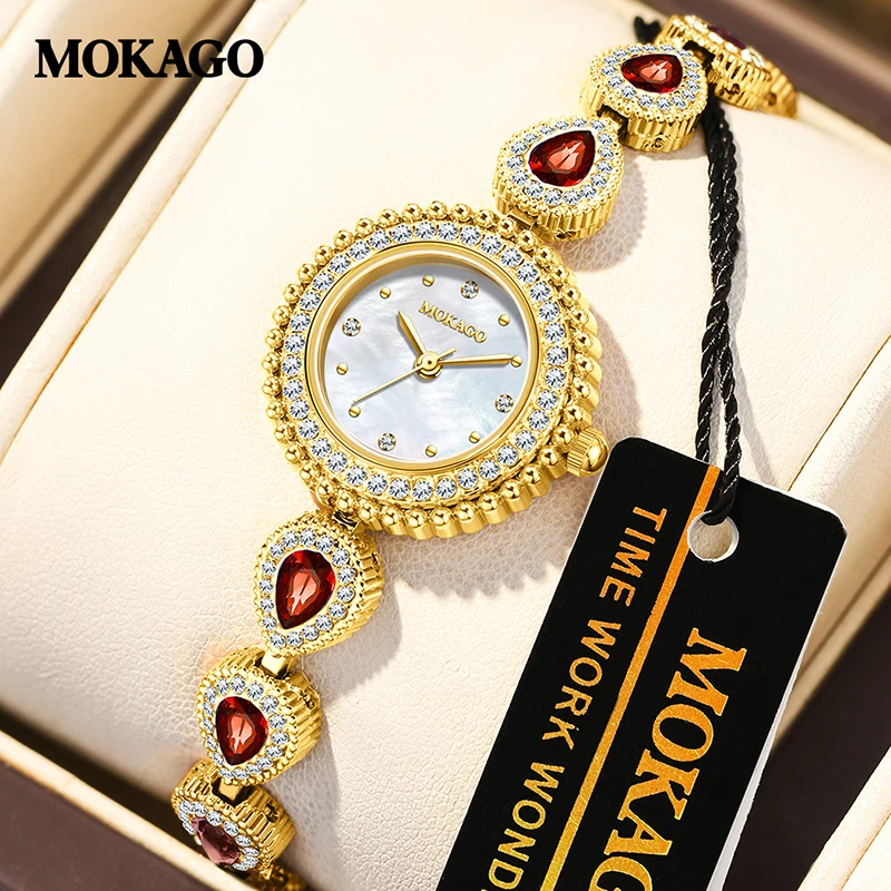 

MOKAGO Retro Diamond encrusted Women's Bracelet Watch with Multi colored Gemstones, Light Luxury, Middle Ancient Style Watch
