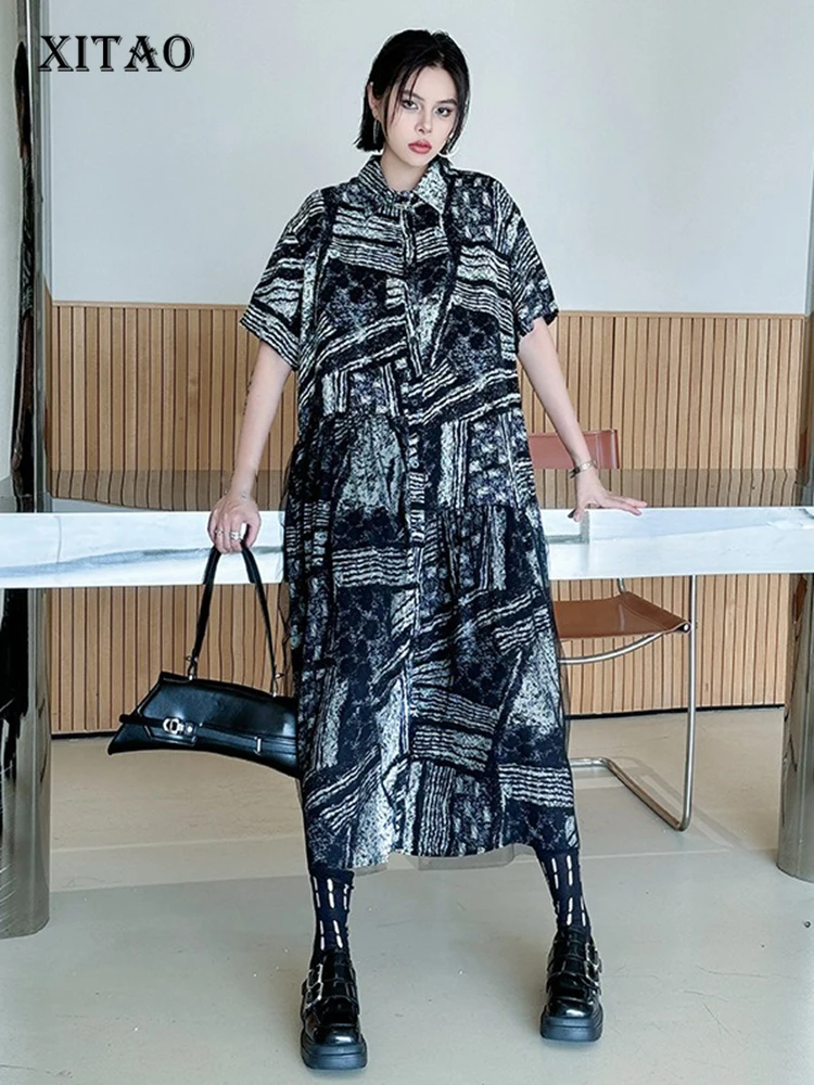 

XITAO Print Gauze Patchwork Pullover Women Short Sleeve Dress Turn-down Collar Loose Slimming A-line Casual Dress ZMY1162