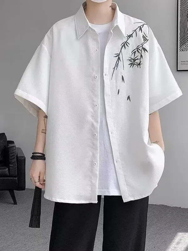 Lightweight Short Sleeve Shirt Men's New Chinese Style National Trend Bamboo Embroidery Turn-down Collar Shirt Breathable Dry...