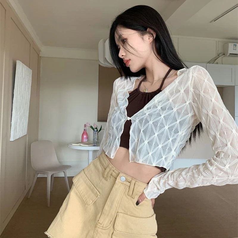 Summer Thin Sun-proof Cardigans Women Crochet Midriff-baring Tops Short Leisure All-match Y2k Korean Style Daily Slim Fashion