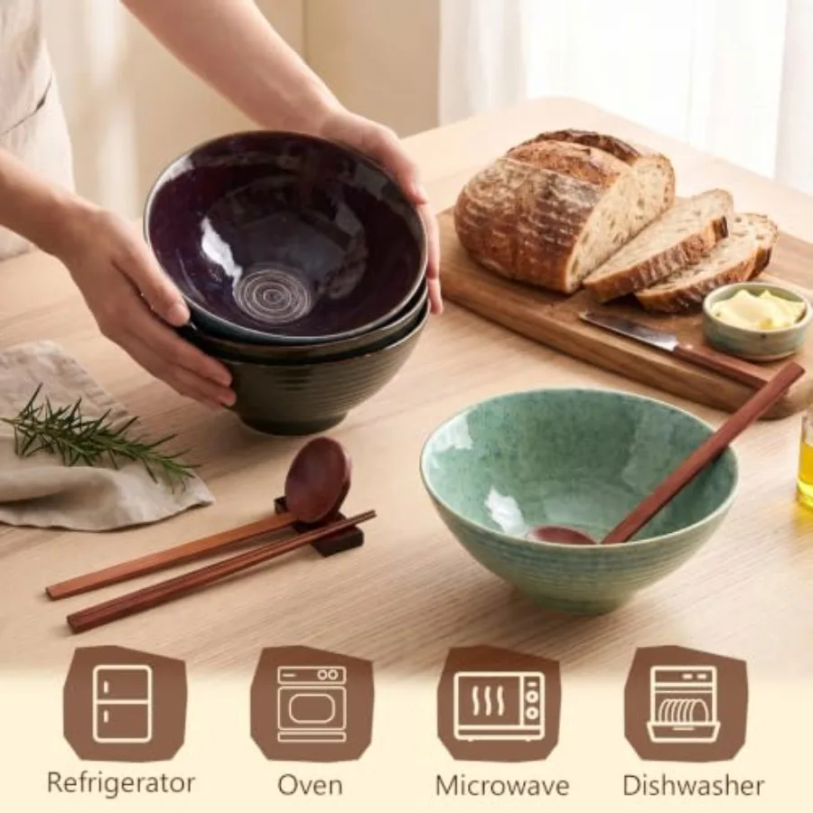 40oz Ceramic Japanese Ramen Bowls Set of 4, 8 Inch Deep Asian Pho Udon Soup Noodle Bowls with Chopsticks, Spoons and Chopstick