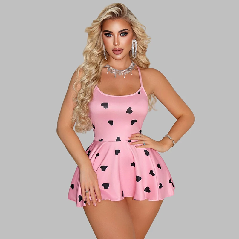 

Женская ночная сорочка без рукавов на тонких бретелях, мини-платье А-силуэта, пижама, утягивающая мини-ночная рубашка, милая летняя ночная сорочка с принтом в виде сердечек, розовая