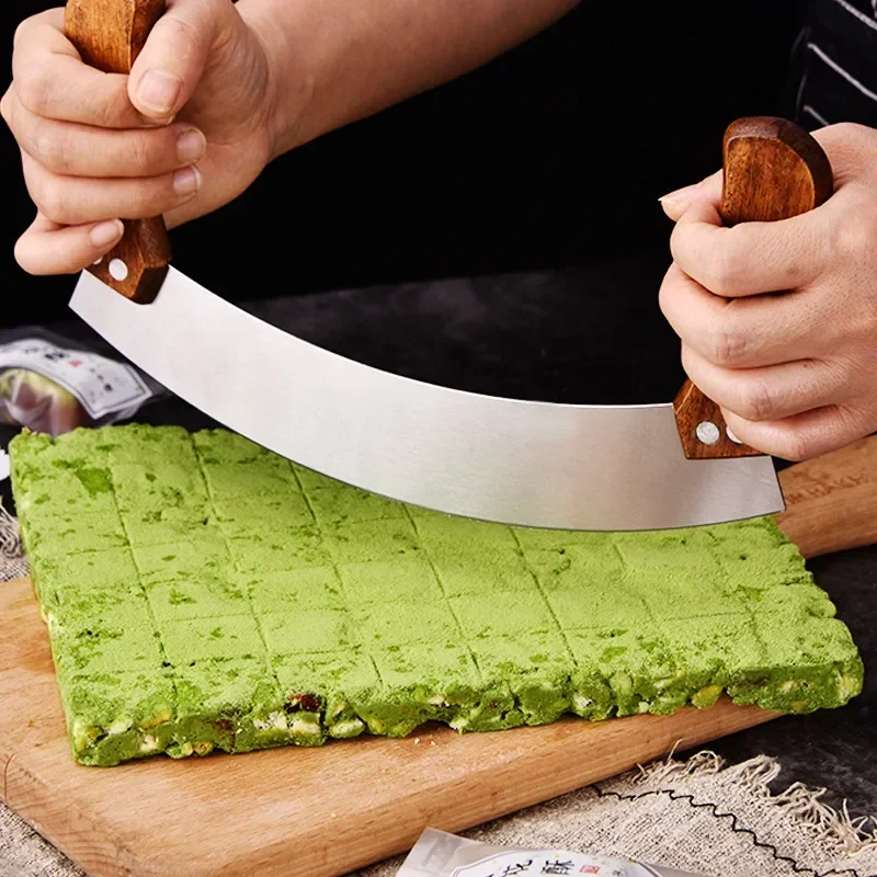 Cuchillo de turrón de verduras de acero inoxidable, cortador de Pizza de hierbas para el hogar con doble mango de madera, herramientas de cocina para cortar y hornear