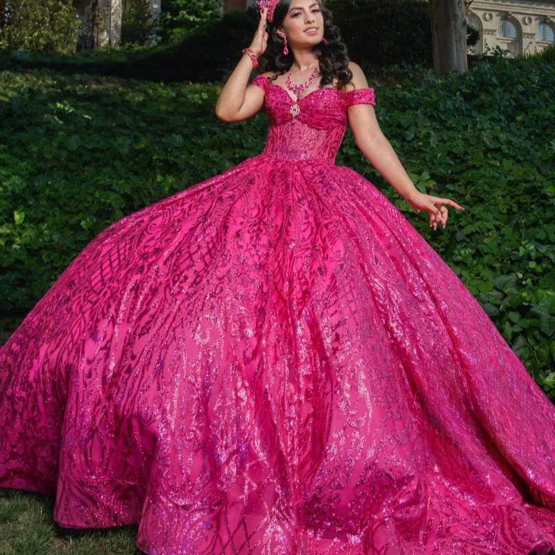 Rose Red Glitter Ball Gown Quinceanera Dresses Off The Shoulder Sequin Applique Lace Beads Bow Tull Birthday Party Vestidos De