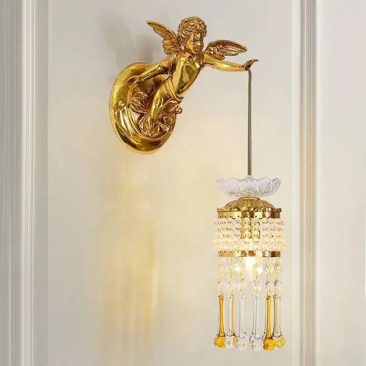 French all-copper angel wall lamp European luxury crystal