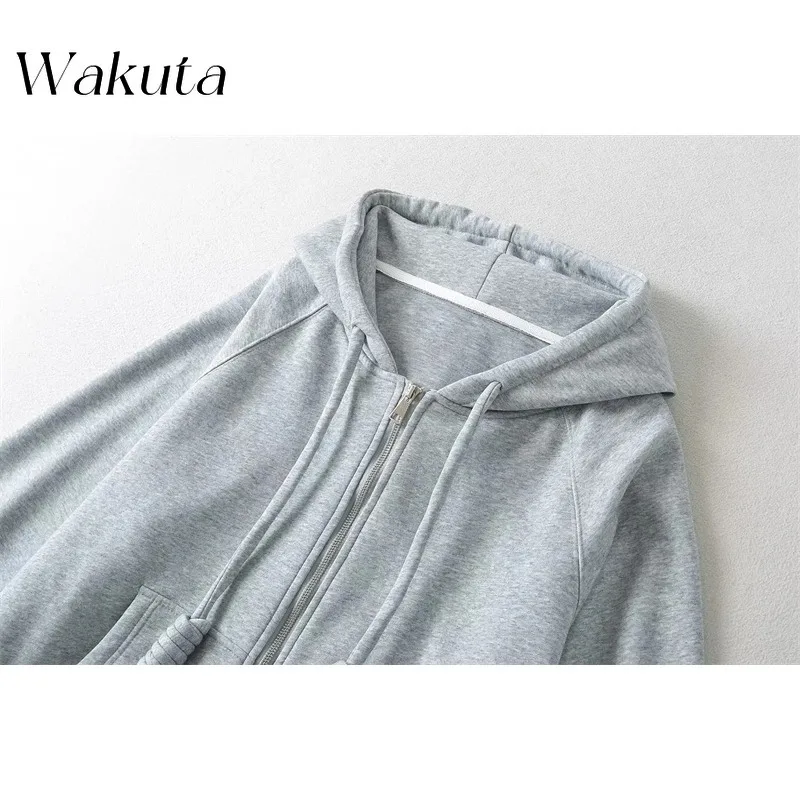 WAKUTA Classic Lazy Style Loose Hooded Drawstring Sweatshirt Jacket for Women's Autumn Casual Long Sleeved Cardigan Sweatshirts