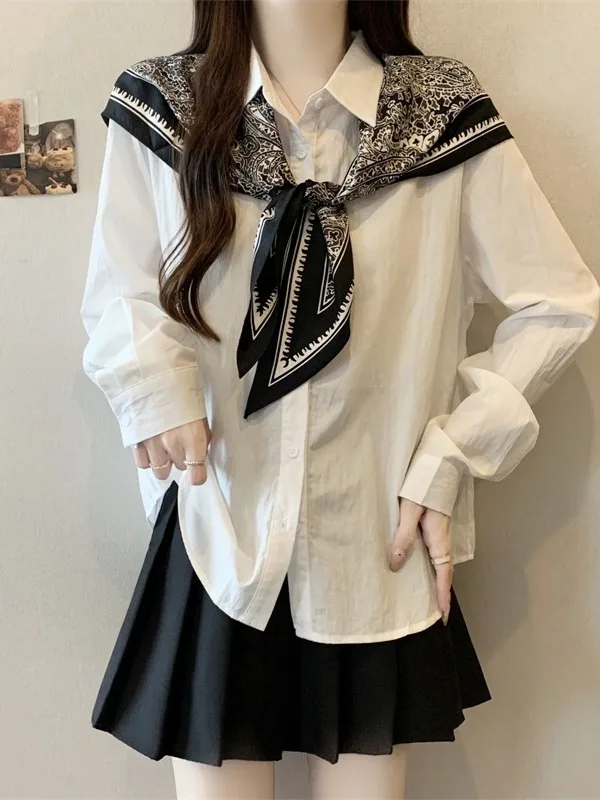 

plus Size Women's Vintage Silk Scarf oulder Wrap Long Sve Collared irt Autumn New Design Ele Top Korean Sle Commute