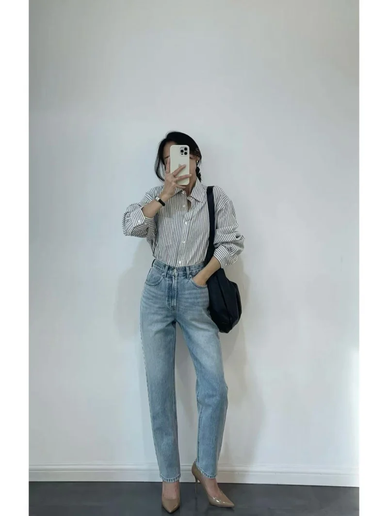 LIBIELIY Women's Autumn Collection Classic Basic Style Versatile Loose Fit Comfortable High-waisted Jeans Summer Jeans