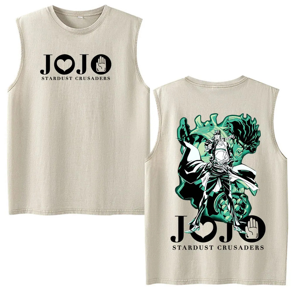 Anime JoJo Bizarre Adventure Kujo Jotaro Vintage Washed Tank Tops Tees Men Women Clothing Fashion Retro Sleeveless Vest T-shirts view 4