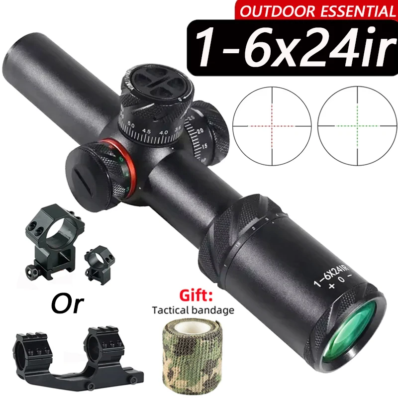 Tactical 1-6x24IR Red / Green Optic Crosshair Reticle Riflescope for Airsoft / Hunting Rifle Accessoirey 11mm/20mm Rail Mount