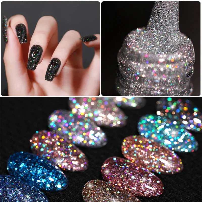 Lilylucu 7Ml Cat Kuku Gel Glitter Holografis Payet Berkilau Warna Musim Semi Dekorasi Seni Kuku Pernis LED UV Rendam