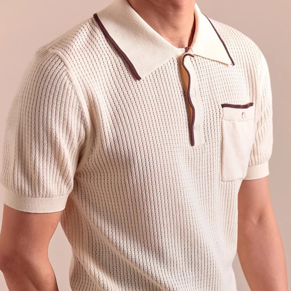 

2025 Summer Men Short Sleeve Polo Shirts Lapel Striped Color Contrast T-shirts High Quality Contrast Color Tee Tops Business Men