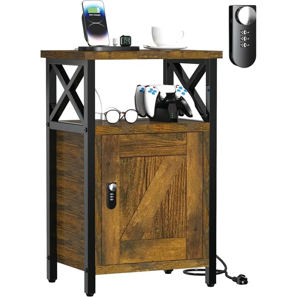 

Brown Wooden Nightstand with Lock, Charging Station, 3 USB Ports & 2 Outlets, Storage Cabinet, Bedroom Side Table