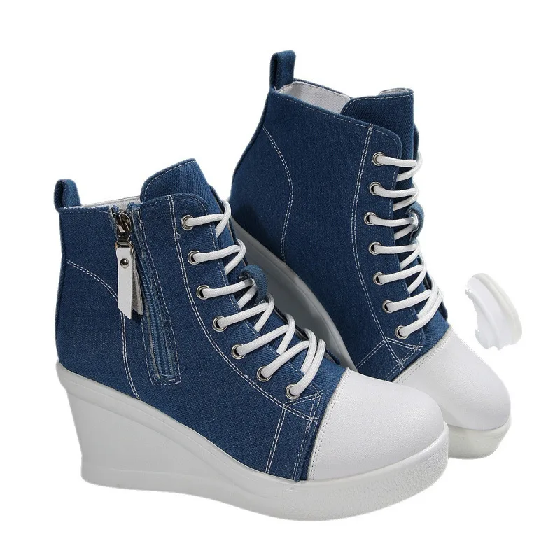 

Women Sneakers High Tops Wedge Fashion Platform Breathable Sneakers Woman Lace Up Height Increase Casual Canvas Shoes for Women