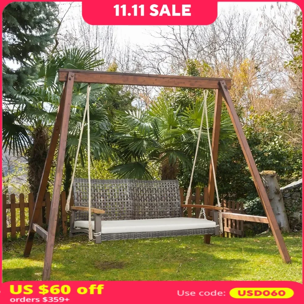 

Swing 2-Person Outdoor Porch With 118" Hanging Ropes, Patiojoy PE Wicker Patio Hanging Swing Bench,Patio Swings