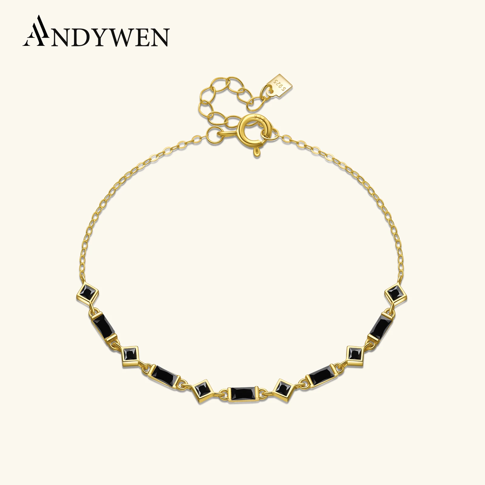 

ANDYWEN 925 Sterling Silver Gold Black Zircon Charm Bracelet Pulsera de cadena JANET Cristal Oro 2021 Women Wedding Jewelry