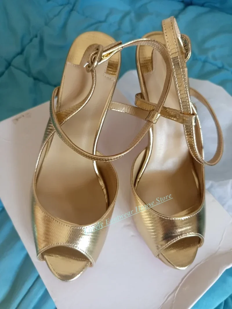 

Lovely Gold Leather Woman Stiletto Heel Sandal Shoes Peep Toe Buckle Ankle Strap Female Thin High Heel Summer Sandal Shoes