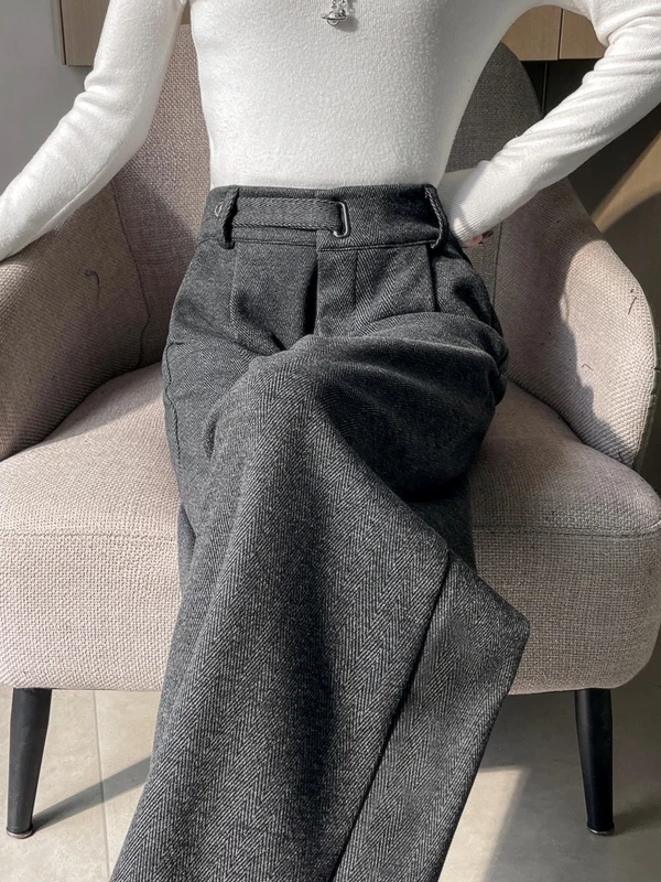 High Waist Wide Leg Pants Autumn New Style Checkered Woolen Slim Fit Floor Length Casual Trousers for Women Casual Style