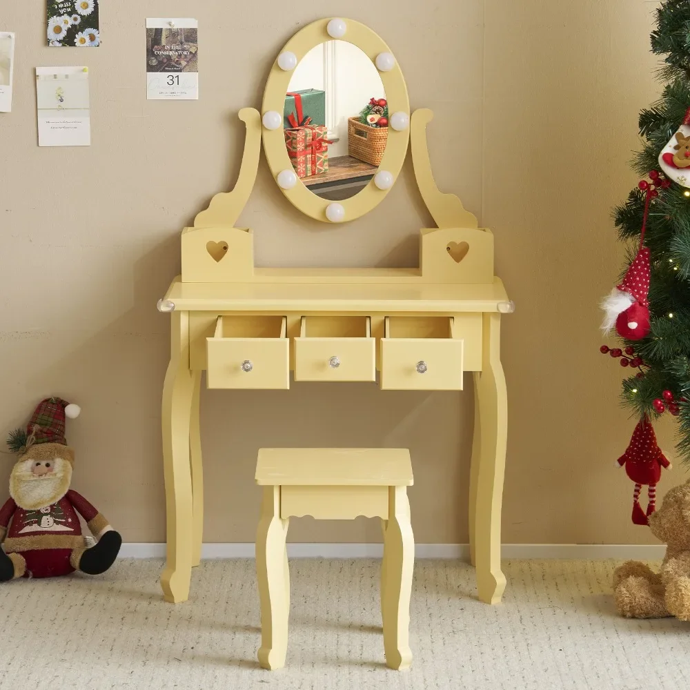 

Kids Vanity Set with Mirror and Lights and Stool, 5 Storage Drawers,Makeup Desk Dressing Table and Stool