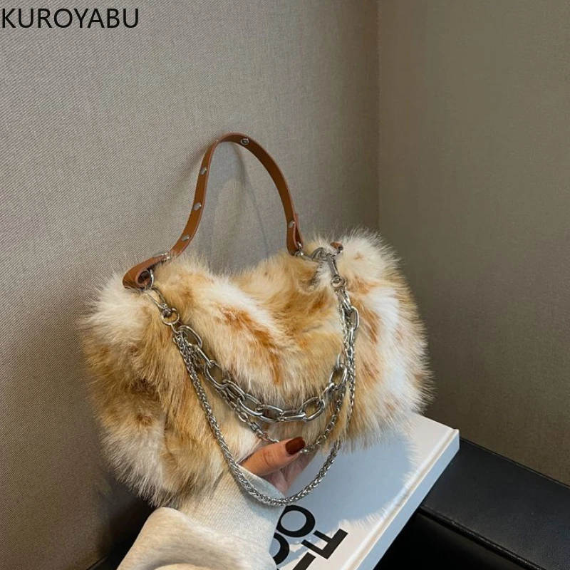 Luxury Y2k Women Shoulder Underarm Bags Fashion Chains Faux Fur Ladies Furry Crossbody Bag Soft Plush Female Handbags Tote Purse