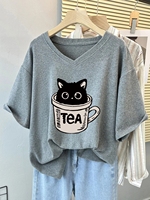 Plus Size 6XL 150KG Summer Cat Print Women's Cotton T-shirt Short Sleeve V Neck Lady Tops Big Large Size T Shirt Woman Clothing