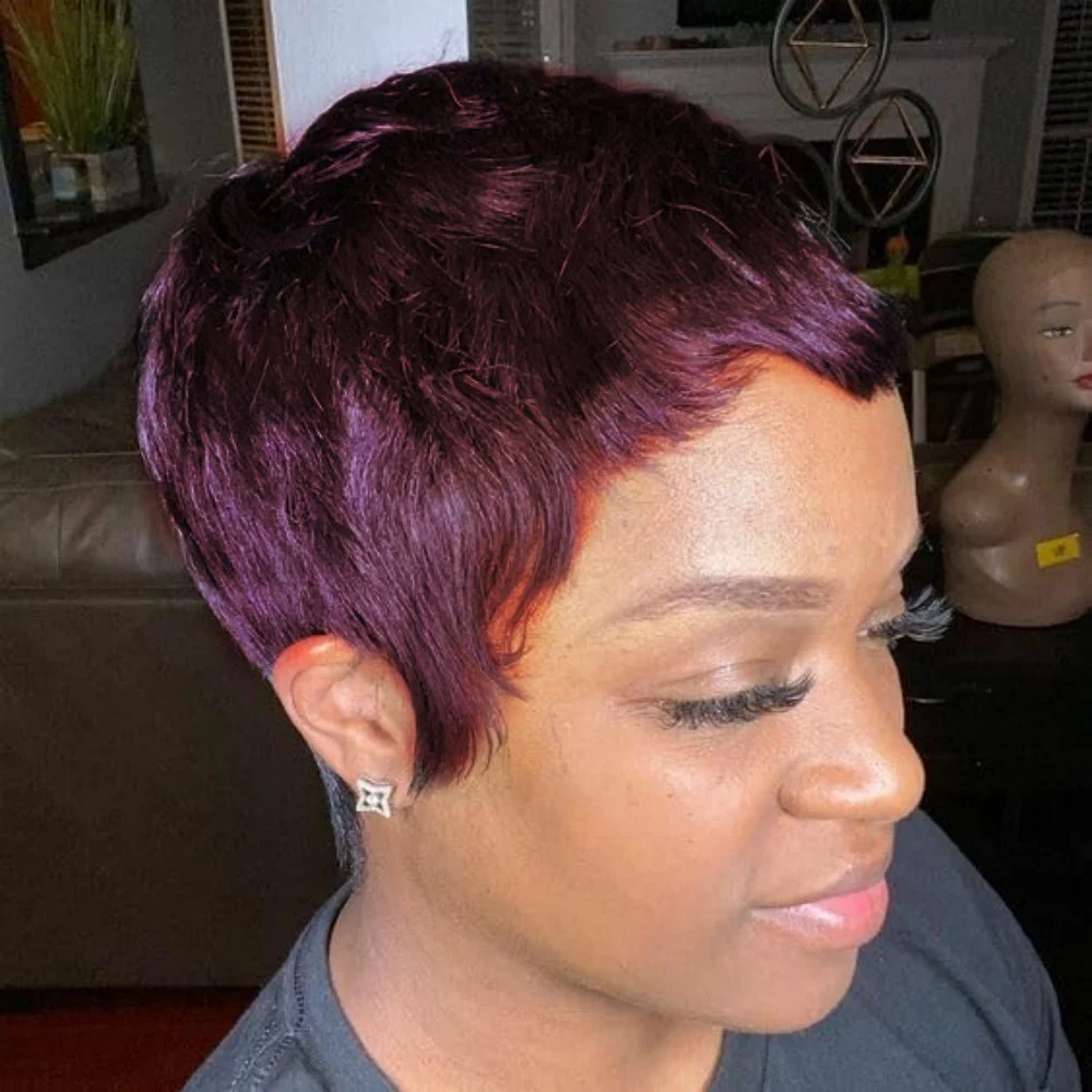 여성용 숏 픽시컷 가발, 150% 밀도 버진 생인모, 풀머신 제작, 숏 레이어드 앞머리 가발, 데일리용