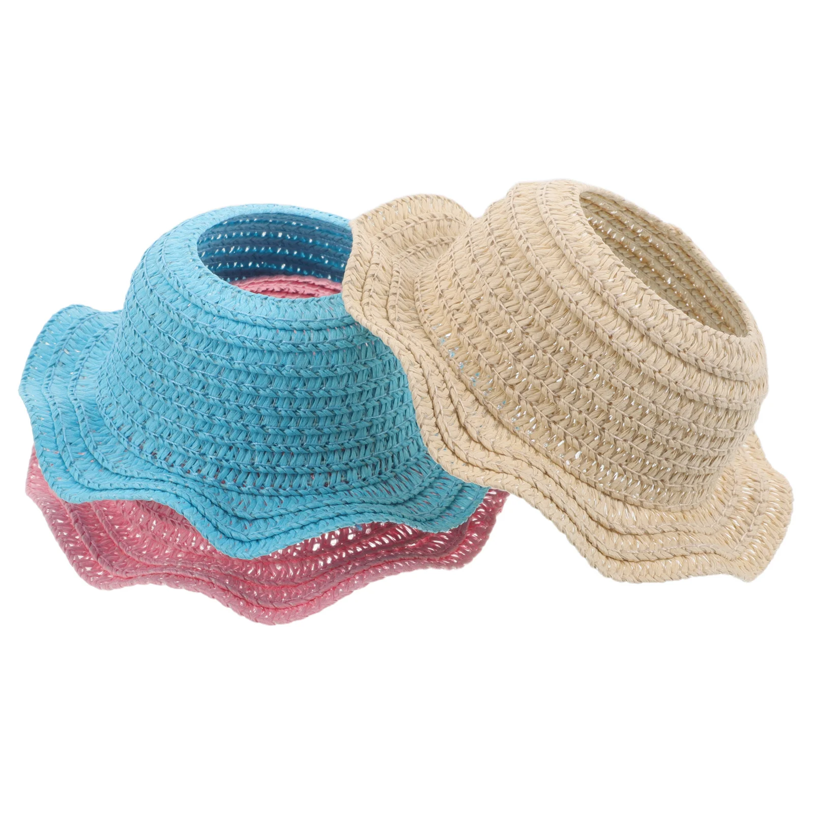 3개 세트 크로셰 밀짚 모자 미니 선 프로텍션 경량 오픈 탑 17cm 드레스 액세서리용 크로셰 모자