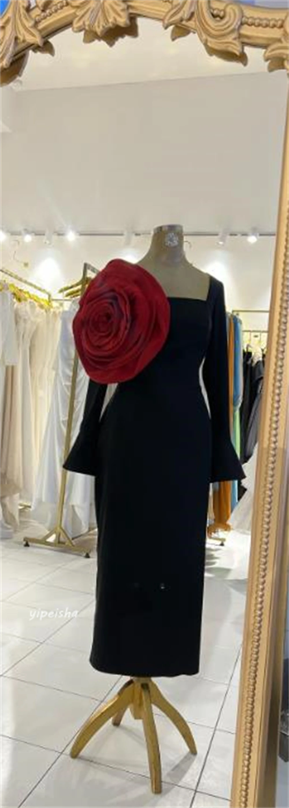 Jersey flor acanalada noche formal una línea cuello cuadrado vestido de ocasión a medida vestidos midi