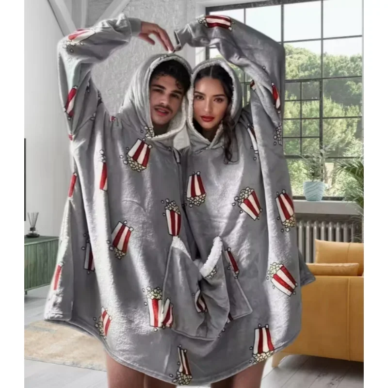 Nuovi amanti Doppio Snuddie Popcorn Coppia Pigiama Autunno Inverno Peluche Coperta con cappuccio Taglia unica per adulti