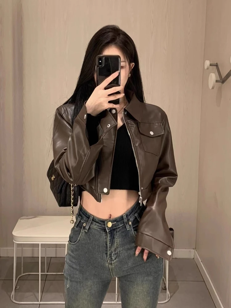 

American Retro Sweet Cool Biker Jacket Top Coffee Color Leather Coat Street Style Short Sleeve Zipper Closure Autumn Winter N...