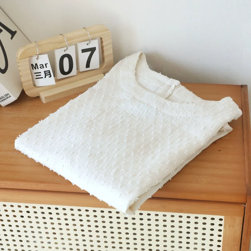 Women's Cream Cotton Gauze Textured T-Shirt, Round Neck Short Sleeve Soft Breathable Summer Home Wear, Relaxed Fit Casual Top view 2